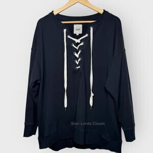 Aerie Black Oversized Lace-Up Sweatshirt Large Relaxed Fit Grunge Core Pullover